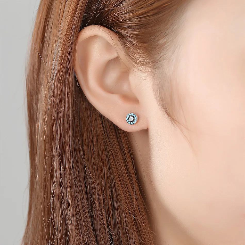 ELESHE 925 Sterling Silver Blue Eye Round Stud Earrings with CZ Zirconia Earrings for Women Fashion Lucky Jewelry 2018 New