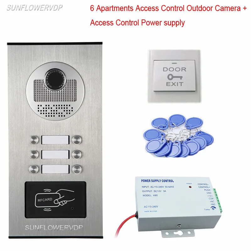 

Video Door Entry Protector Rfid Intercoms For Apartments 6 Buttons CCD Outdoor Camera With Access Control Power Supply System