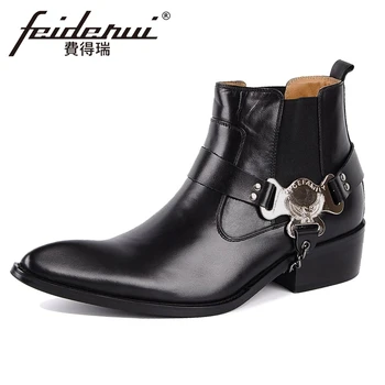 

Italian Designer Genuine Leather Mens Chelsea Harley Ankle Boots Pointed Toe High-Top Handmade Cowboy Motorcycle Man Shoes YMX85