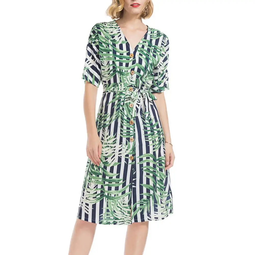 Fashion simple bamboo Leaf print dress Summer Women Slim Waist Knee
