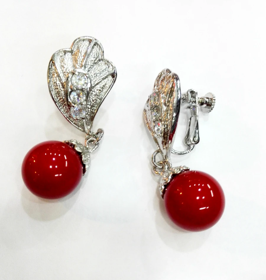 Woman Jewelry Earring 10mm Hot Red Coral Round Bead Shining Rhinestone