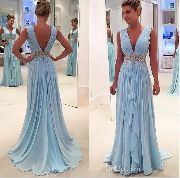 Blue Prom Dresses A-line Deep V-neck Chiffon Beaded Party Maxys Plus Size Long Prom Gown Evening Dresses Robe De Soiree silver prom dresses Prom Dresses