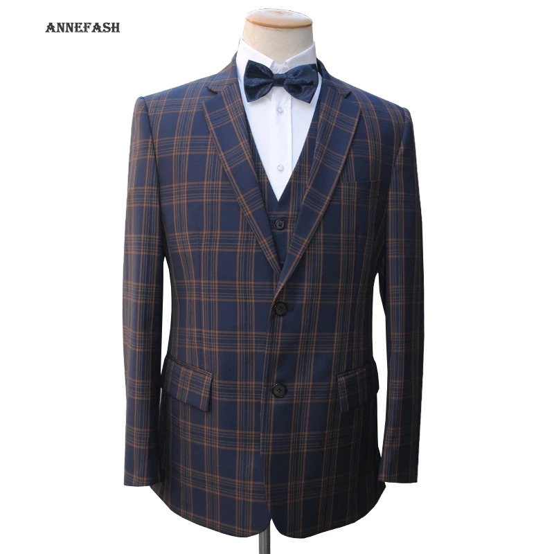 

Custom Made high quality 150's worsted pure wool blue navy windowpane check Suit Men Slim Fit Suit(jacket+pants+vest) 22 color