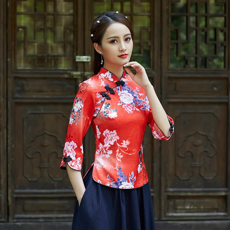Sheng Coco женские топы Ципао летние жаккардовые хлопковые традиционная китайская одежда топы с короткими рукавами красные рубашки Qipao 3XL плюс размер