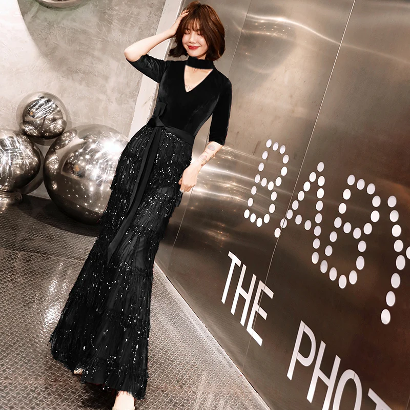 weiyin 2019 Velvet Evening Dresses Long Mermaid Black Formal Dress Sequined Abendkleider Women robe de soiree longue WY1451 weiyin 2019 Velvet Evening Dresses Long Mermaid Black Formal Dress Sequined Abendkleider Women robe de soiree longue WY1451