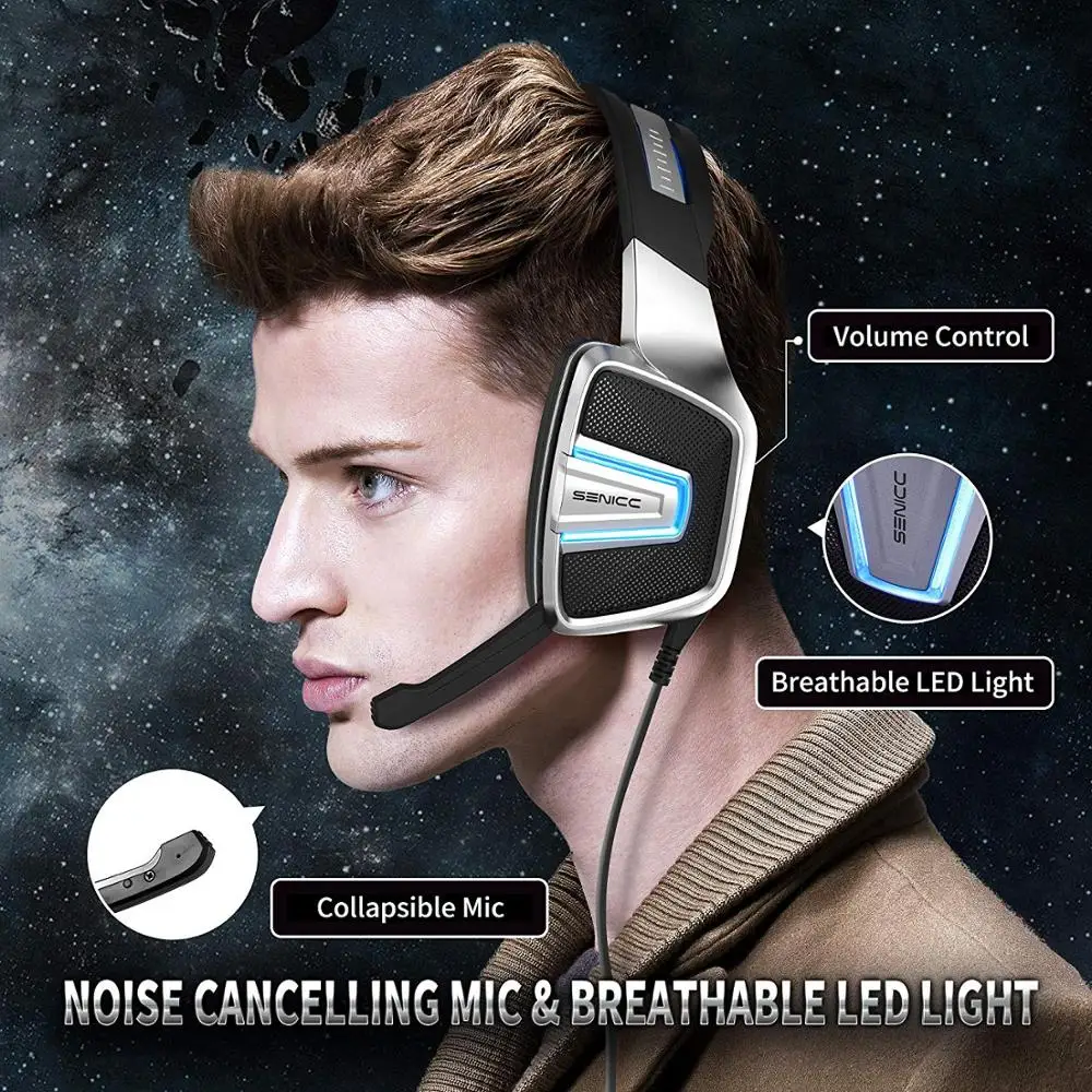  SENICC A8 USB Virtual 7.1 Sound Gaming Headset with Mesh Earmuff LED Noise Canceling Gamer Headphon