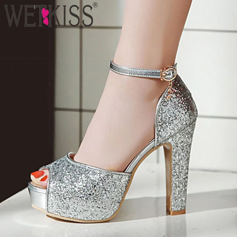 

WETKISS Summer High Heels Sandals Women 2019 Bling Peep Toe Ankle Strap Footwear Platform Sandals Wedding Female Fashion Shoes