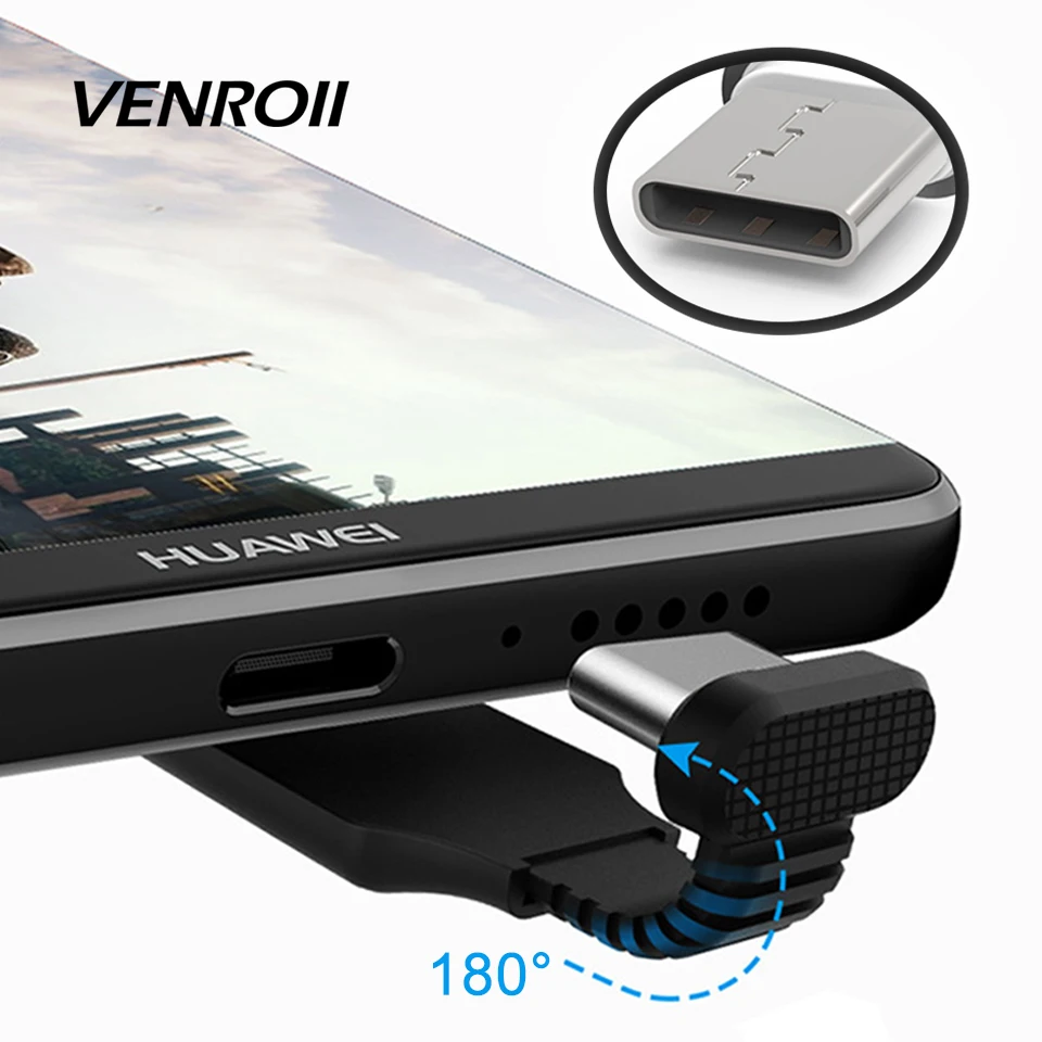 

1m 2m 2.4A Fast Charging Type C USB Cable 180 Degree Game Cord for Samsung S10 S9 S8 Mobile Phone Gaming Wire for Xiaomi Huawei