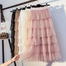 Spring New Sweet Cake Layered Long Mesh Skirts Princess High Waist Ruffled Vintage Tiered Tulle Pleated Skirts