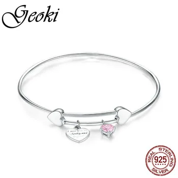 

Geoki 925 Sterling Silver I LOVE YOU Forever Letter Pink Cubic Zirconia Heart Bangle Adjustable Wedding Bracelet Chain for Women