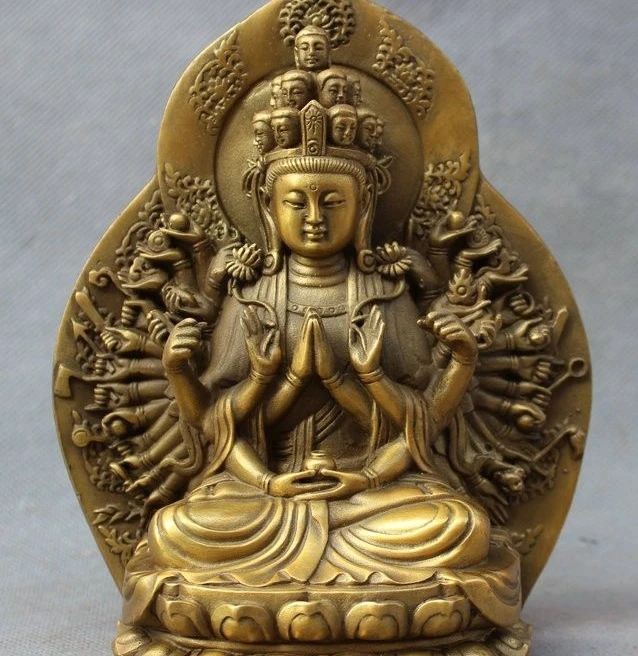 Тибетский Чисто Латунь 1000 Руки Кван-инь Гуаньинь Бодхисаттвы Богиня Статуя Будды