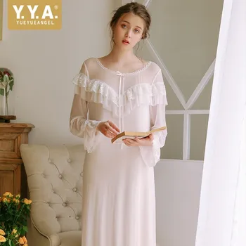 

Luxury Mesh Lace Long Sleeve Round Neck Cotton Female Nightdress Sexy See Through Princess Style Ruffle Mid-Calf Women Homewear