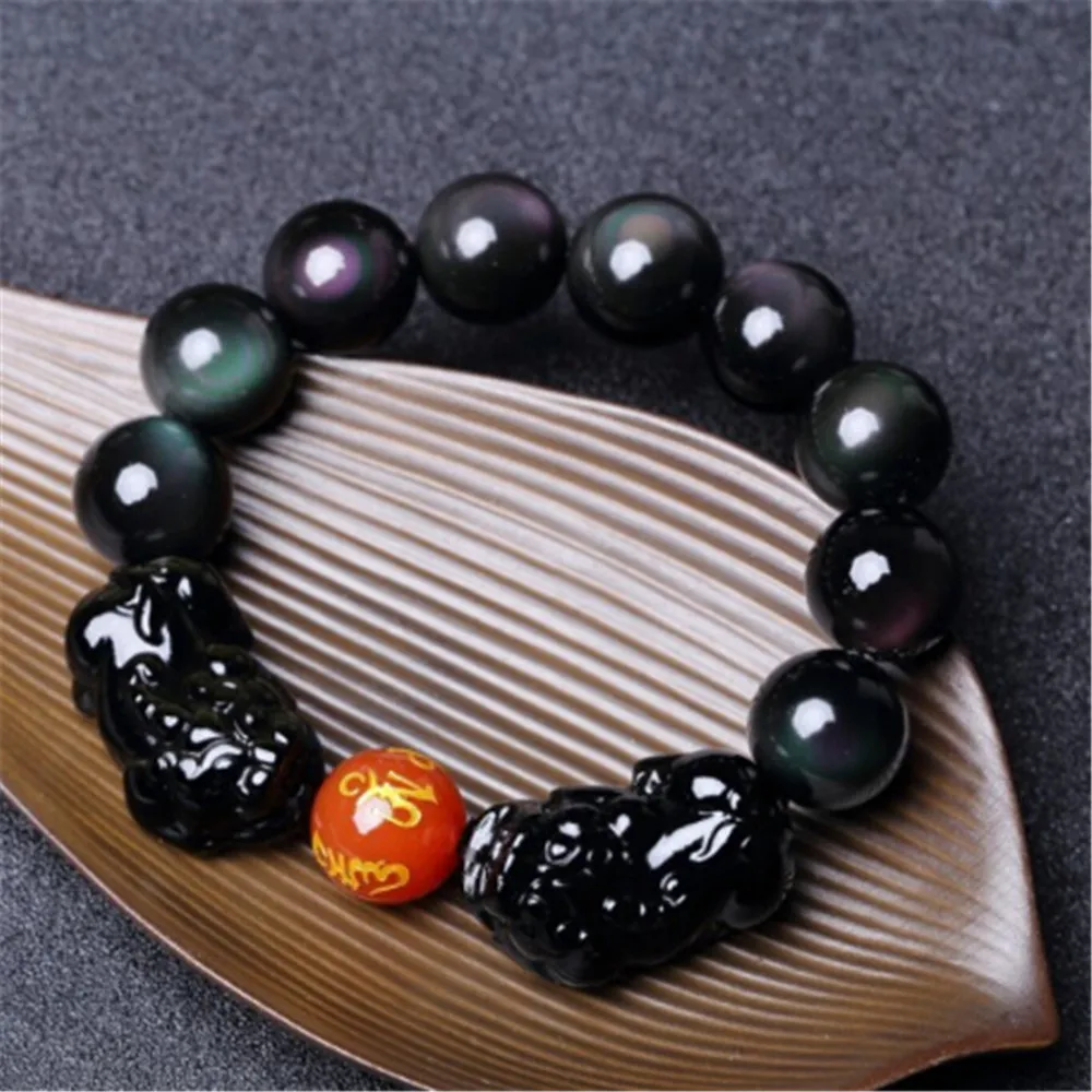

Fashion 10mm Natural Rainbow Eye Black Obsidian Pixiu Bracelet Men's Stone Beads Bracelet Female Crystal Reiki Jewelry Wholesale