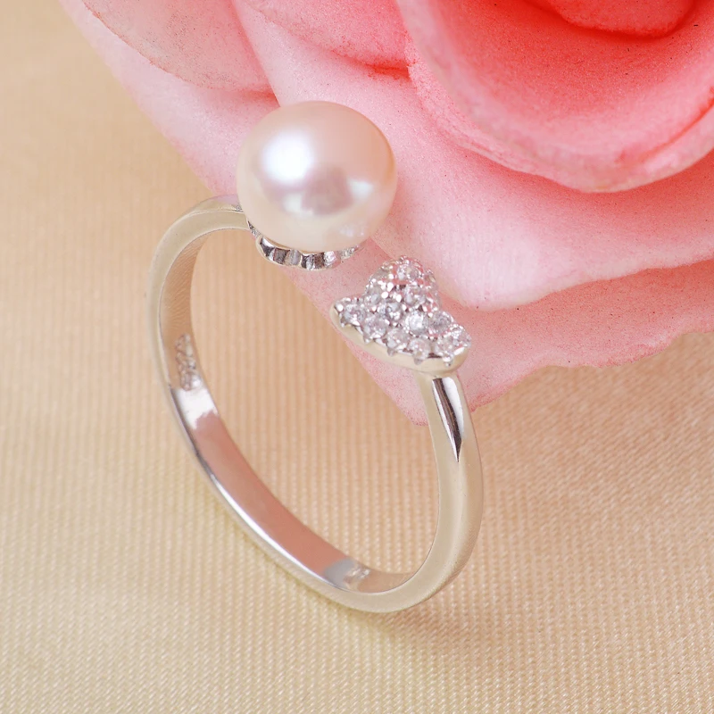 925 Sterling Silver Round Zircon Heart Shape Ring Jewelry With Real Freshwater Pearl Adjustable Size Rings Fashion Jewelry