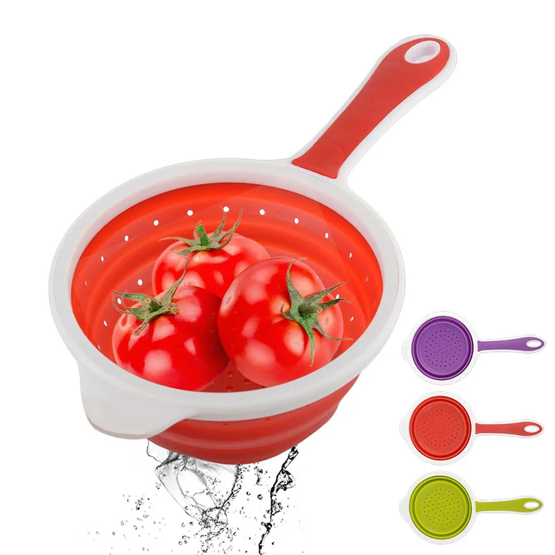 

Collapsible Silicone Colander Strainer with Handle Fruit Vegetable Basket Drain Tool Foldable Kitchen Washing Strainer Tool