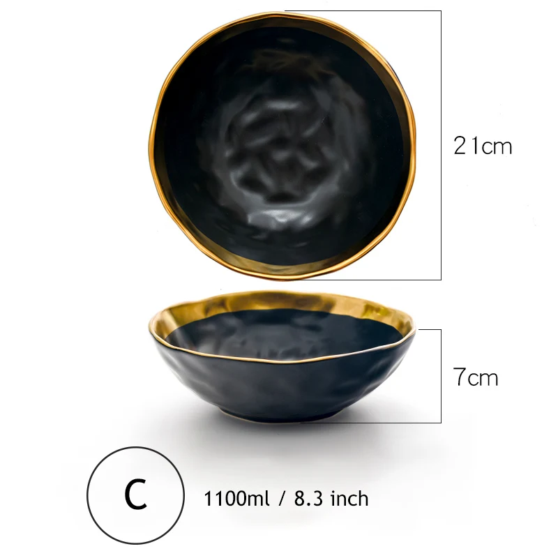 1 шт. Минималистичная обеденная чаша черного золота Керамическая пиала для риса с золотым краем столовая посуда суп лапша декоративная чаша - Цвет: 8.3 inch