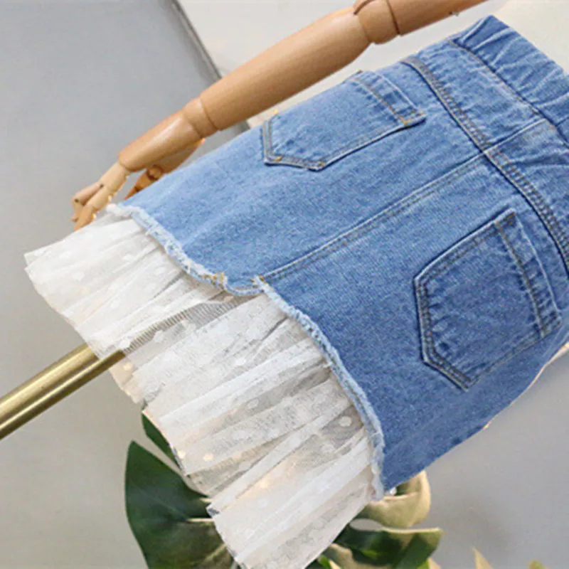 2019 Children Girl Skirts New Fashion High Quality Spring Kids Denim Jeans Lace Mesh Pearl Patchwork Princess Skirt For 2-7Yrs