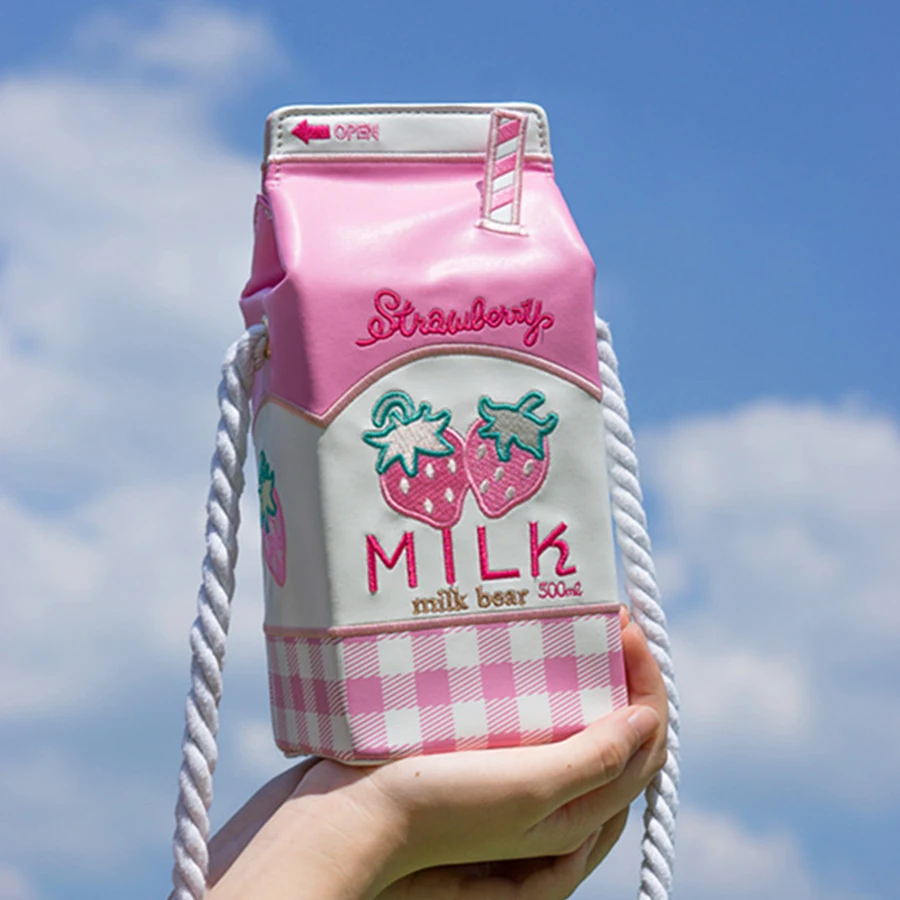 Cute Fun Cartoon Strawberry Milk Box Design Small Bags Women Messenger