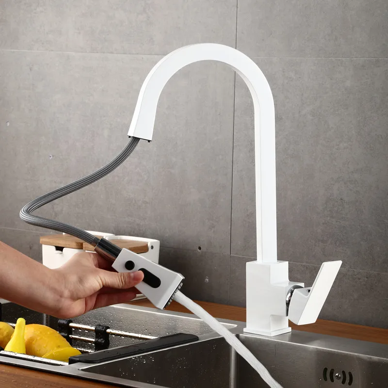 Смесители для кухни белые Хромированные латунь с одной ручкой выдвижной кухонный кран с одним отверстием поворотная ручка 360 градусов