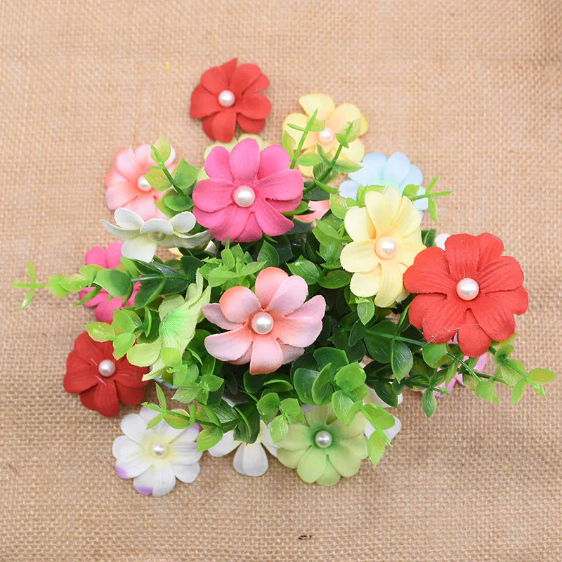 20pcs 4.5cm Silk Petals Artificial Cherry Flower Heads for Wedding Home Decoration Festival Party Fake Pearl Beaded Rose Flowers