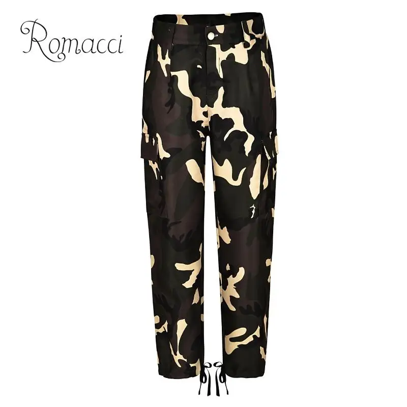 Romacci 4XL 5XL Plus Size Women Clothing Fashion Camouflage Print Long Pants High Waist Pockets Zip Casual Camo Trousers 2019 | Женская