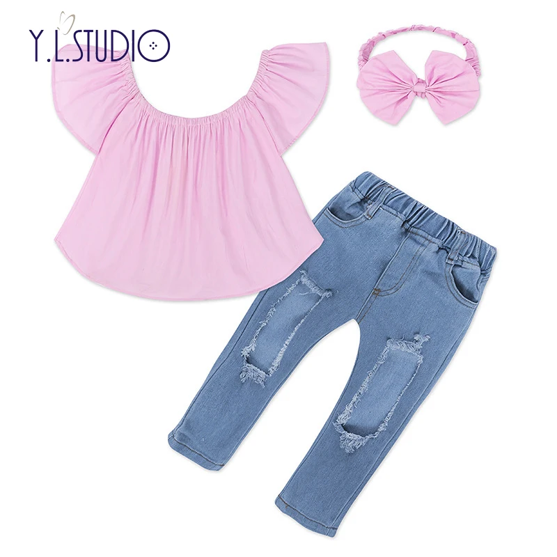 Fashion Toddler Girls Clothes Set Off Shoulder Top Jeans Headband Suit 3PCS Summer Spring Kids Outfits Children's Clothing | Детская