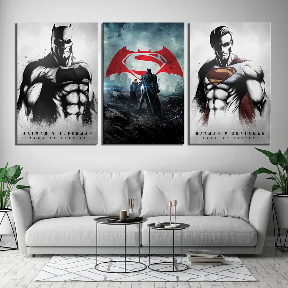 

3 Piece HD Pictures Batman Vs Superman Movie Poster Artwork Black White Wall Art Paintings for Room Wall Decor