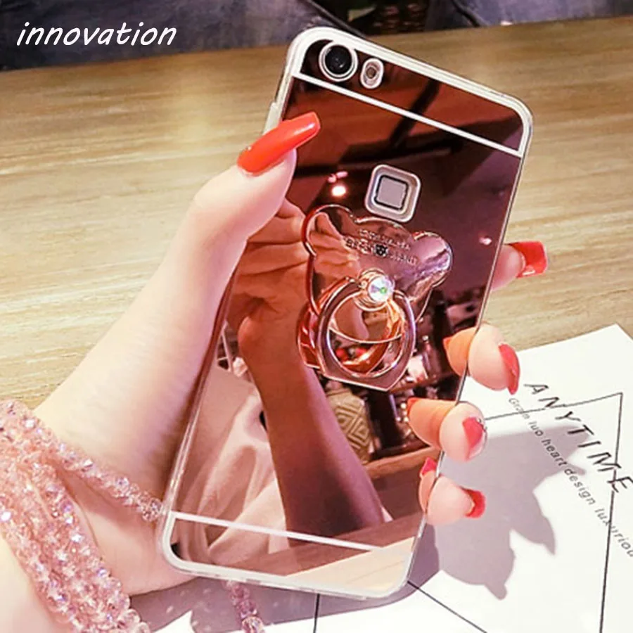 Для чехла iphone 5S алмазные Стразы, зеркальный чехол для телефона, задняя крышка для iphone X 8 6 6S 7 Plus XR XS Max, кольцо, подставка, держатель для пальца - Цвет: Rose Gold Bear
