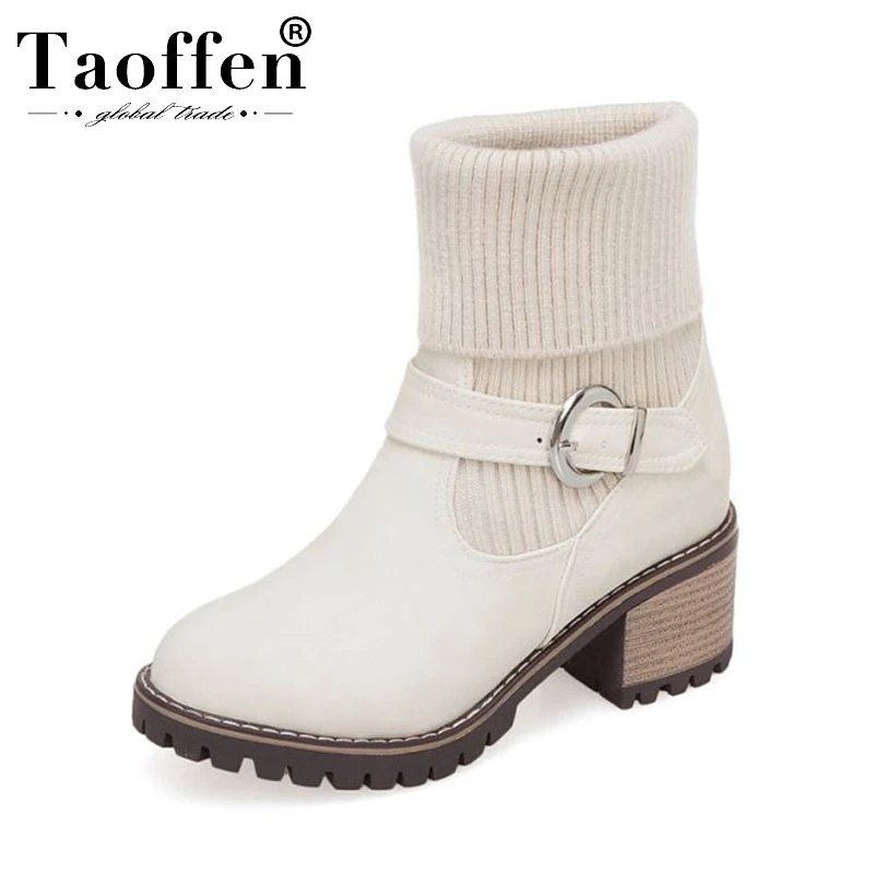 

Taoffen 4 Colors Warm Winter Woman Ankle Boots Daily Casual Buckle White Boots Round Toe Square Heel Shoes Footwear Size 34-43