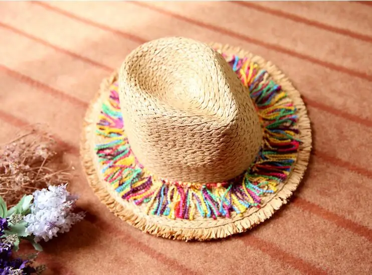 Панама Sombrero Raffia, солнцезащитные шляпы для женщин, шапка с бахромой, ручная работа, в полоску, с кисточками, с помпонами, Рафаэль, соломенная шляпа, пляжная шляпа для женщин