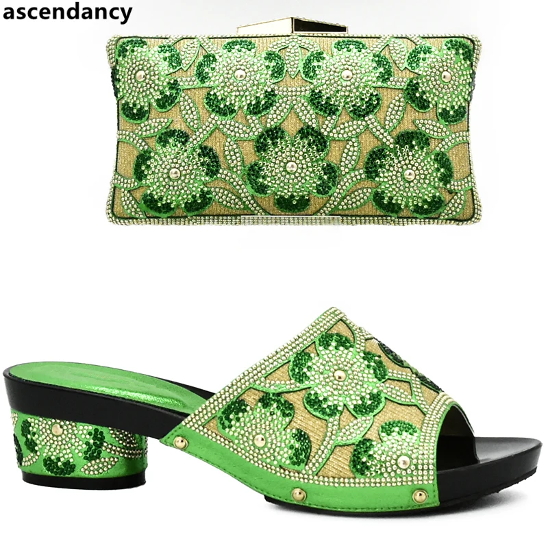 

Latest Green Color Nigerian Party Shoe and Bag Sets Decorated with Rhinestone African Matching Shoes and Bags Italian In Women