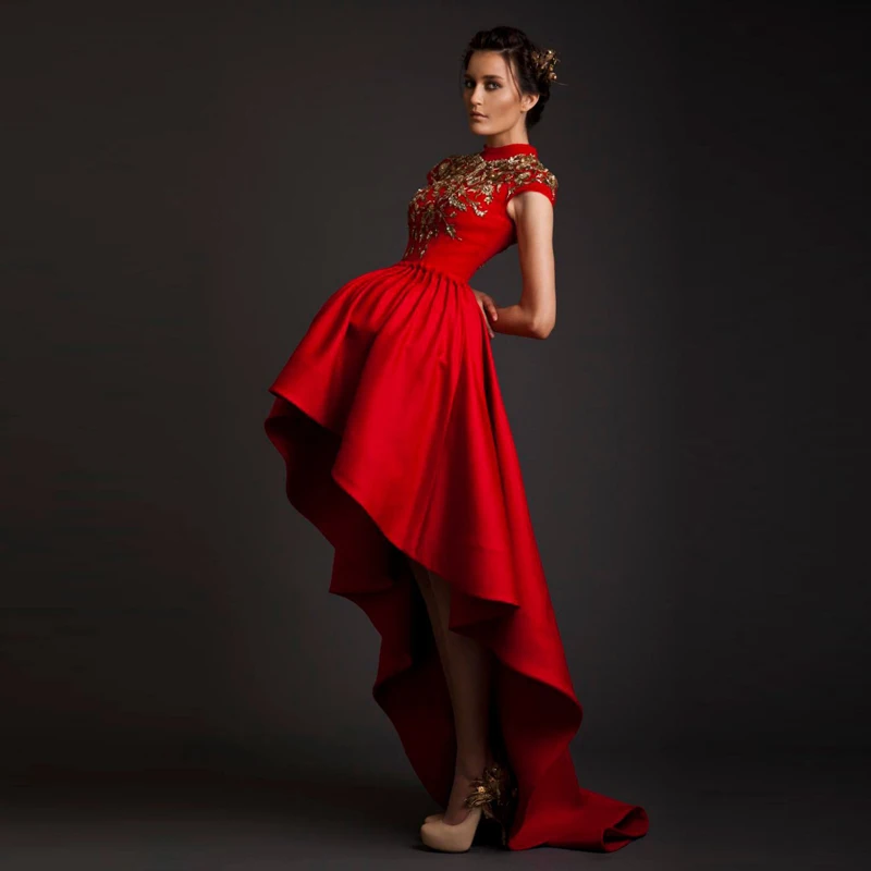 

2016 Wedding Dresses High Neck Red Satin Bridal Gowns Embroidery Sequins Cap Sleeves Hi-Lo