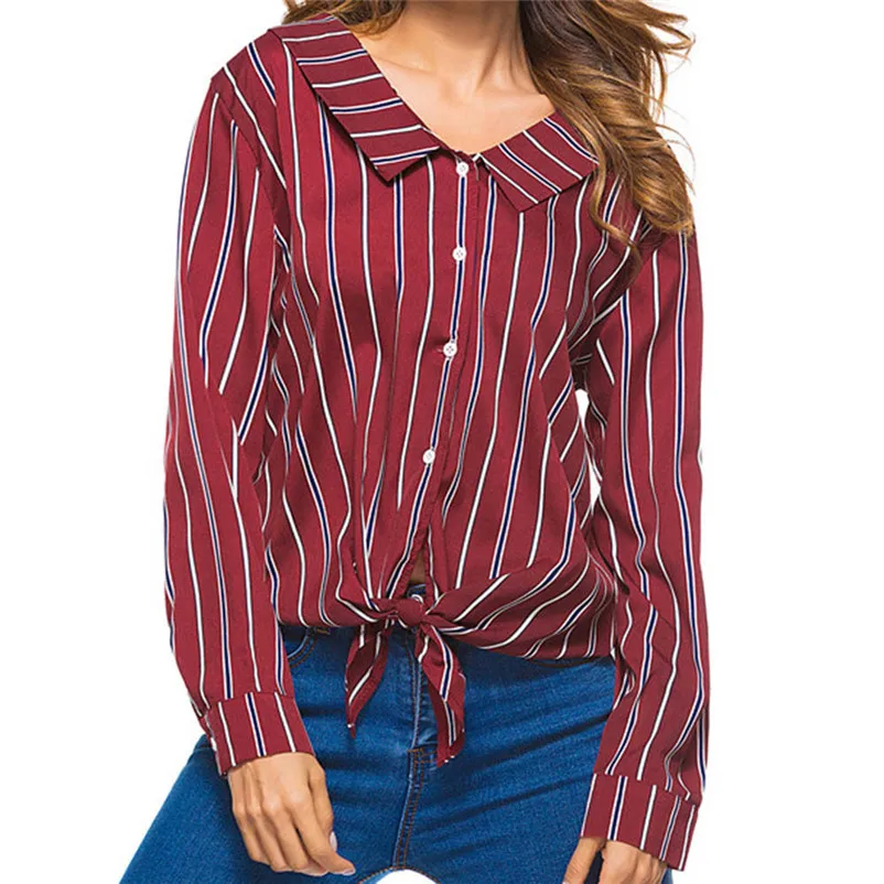 Fashion womens tops and blouses 2018 Womens Bow Striped Lapel Neck Button Long Sleeve Shirt Tops Blouse camicette A06#N  (5)
