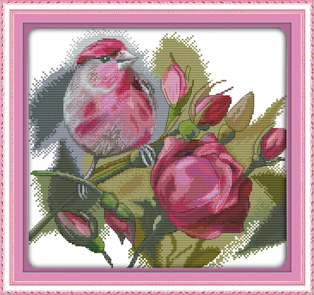Mo The bird and roses Набор для вышивки крестиком цветок 18ct 14ct без принта холст хлопковая