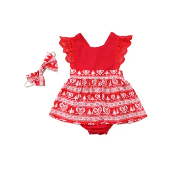 

Christmas Baby Girls Toodler Kids Xmas Clothing Lace Bodysuits Sleeveless Ruffles Cute Cotton Clothes Baby Girl