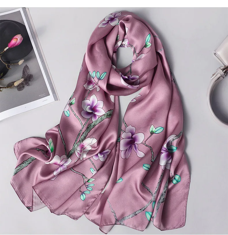 Натуральный шелковый шарф для женщин Новая мода шаль и обертывание Высокое качество мягкий длинный шейный шарф для Леди Элегантный цветочный принт шарф