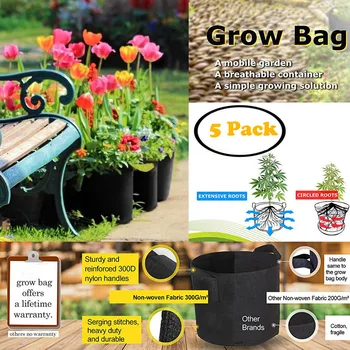 

5 Gallon Grow Bags Aeration Fabric Pots w/Handles for Nursery Garden 5 Pack Black Non-woven Tree Planting Bag Garden T9#