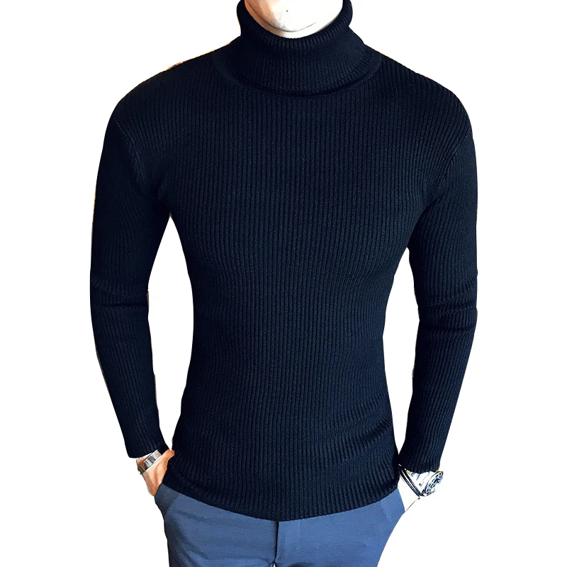 Осень-зима, мужской свитер с высоким воротом, мужской облегающий свитер, пуловер, сексуальный обтягивающий однотонный вязаный свитер