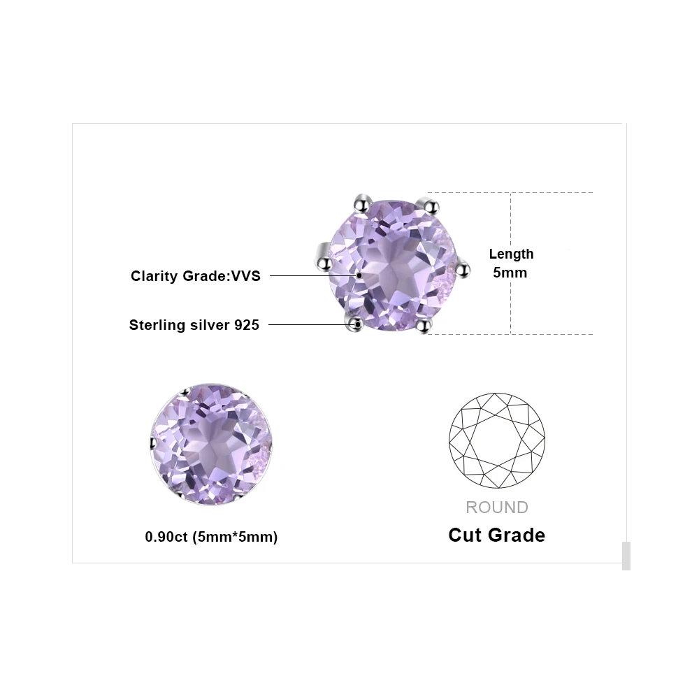JewelryPalace круглый 0.9ct натуральный аметист серьги гвоздики Твердые 925 пробы серебро