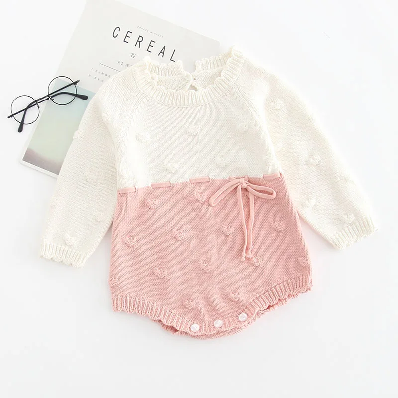 

Everweekend Sweet Baby Kids Knitted Sweater Rompers Candy Pink Gray Color Patchwork Cute Spring Autumn Baby Clothing