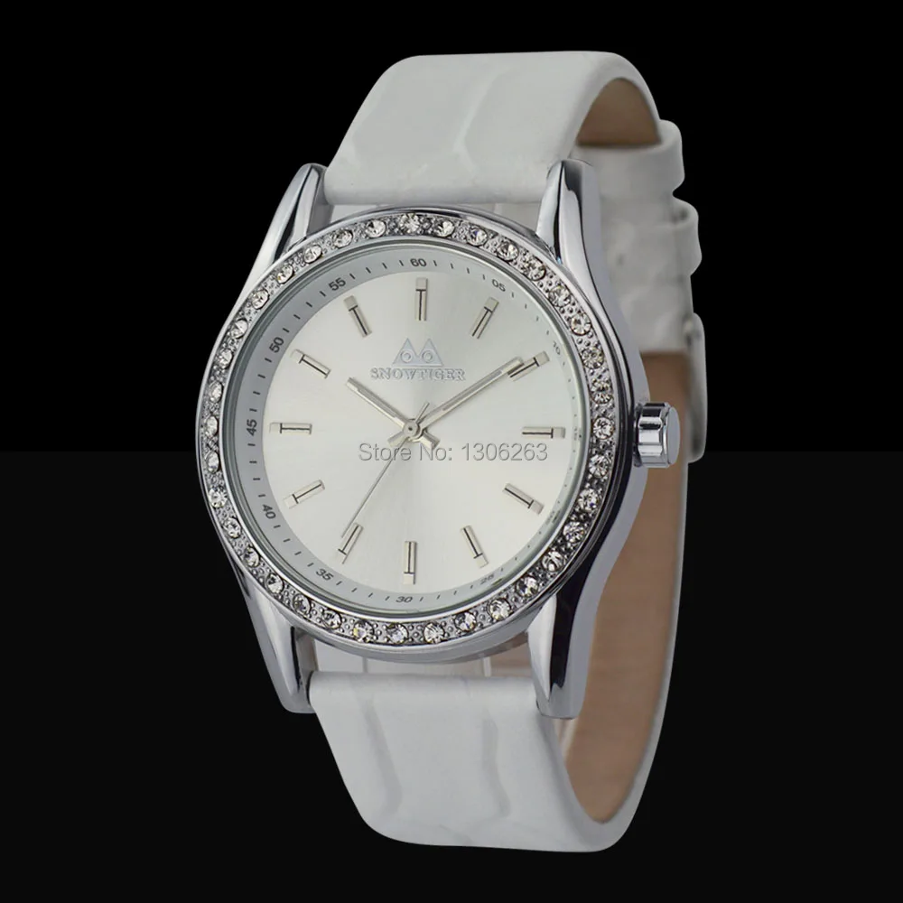 5 Colors Women Real Leather Watches Lady Shining Dress Watch Big Diamond Stone Wristwatch Lady Genuine
