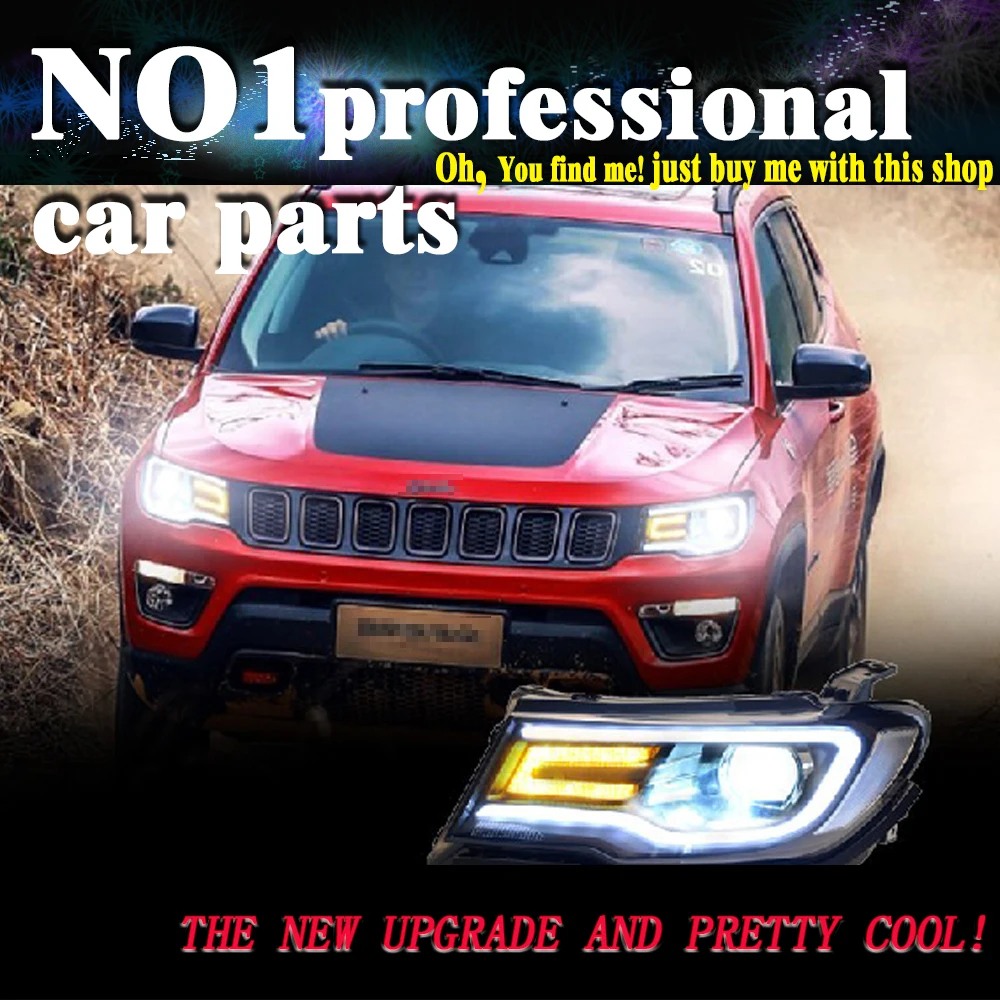 

OUMIAO 2 Pcs Car Head Lamp for Jeep Compass LED Headlight 2017 2018 New Compass LED DRL H7 D2H Hid Bi Xenon Beam headlights