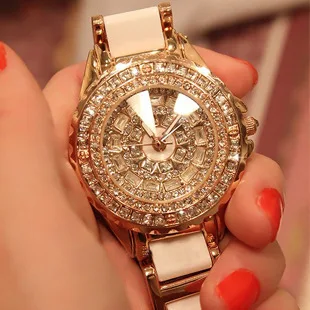 Goedkoop Essenti euml;le 2017 Nieuwe Mode Wit Luxe Horloges Vrouwen Rhinestone Keramische Crystal Quartz Horloges Lady Dress Horloges