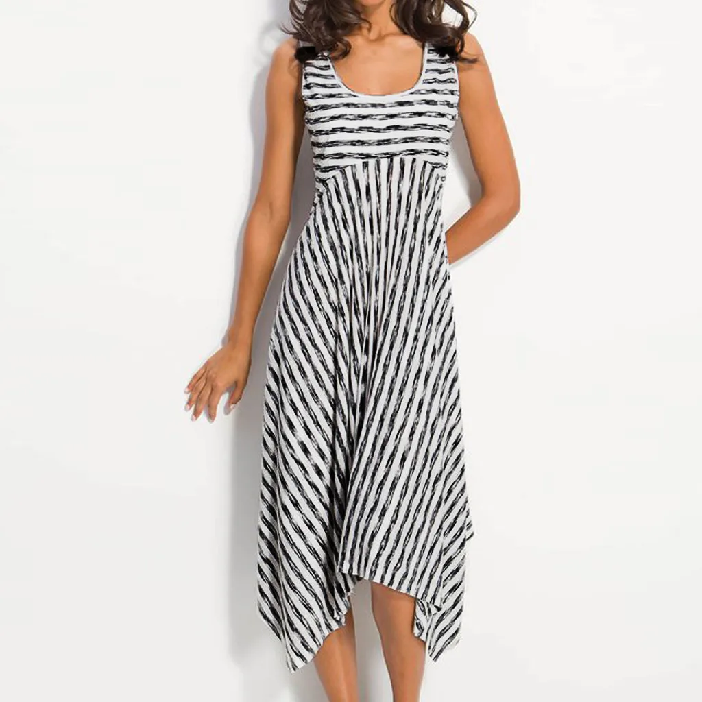 

Summer Dress Women Casual High Waist Stripe Irregular Hem Sleeveless Party Club Beach Dress O-Neck A-Line Dress Sundress vestido