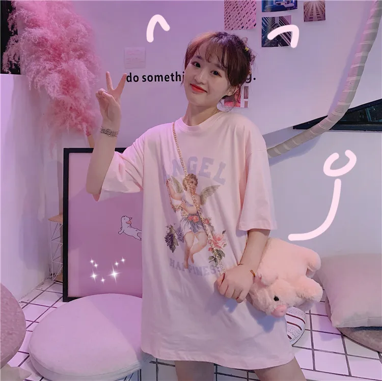 Harajuku Chic T-shirt Women Summer Tops Women Clothes Loose Angel Tops Oversized T Shirt Pink Student