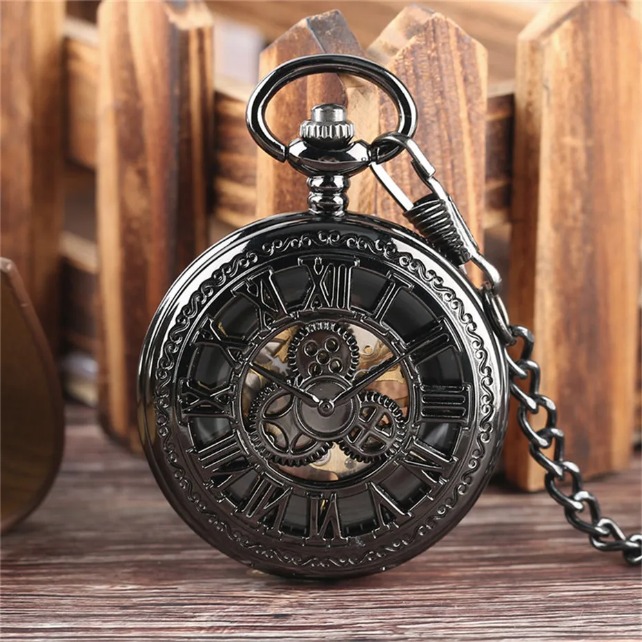 Vintage Black Hollow Gear Carving Hand Wind Mechanical Pocket Watch Skeleton Steampunk Roman Number Luxury Pendant Chain Gifts (2)