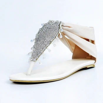 

Ivory Flat Heel Women Sandals Flip Flops Summer Shoes Women Beadings Crystals Designer Shoes Women Luxury 2017 Flat Sandals