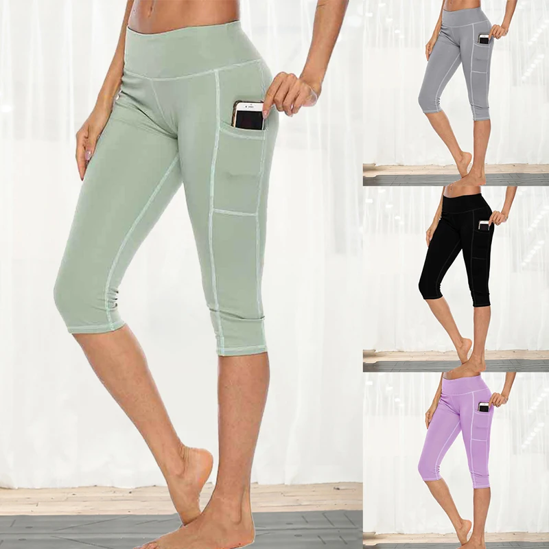Tamizado mujer pantalones capri de entrenamiento Leggings bolsillo lateral cintura alta correr pantalones de Yoga Delgado Fitness secado rápido Casual Leggings elásticos|Pantalones de yoga| - AliExpress