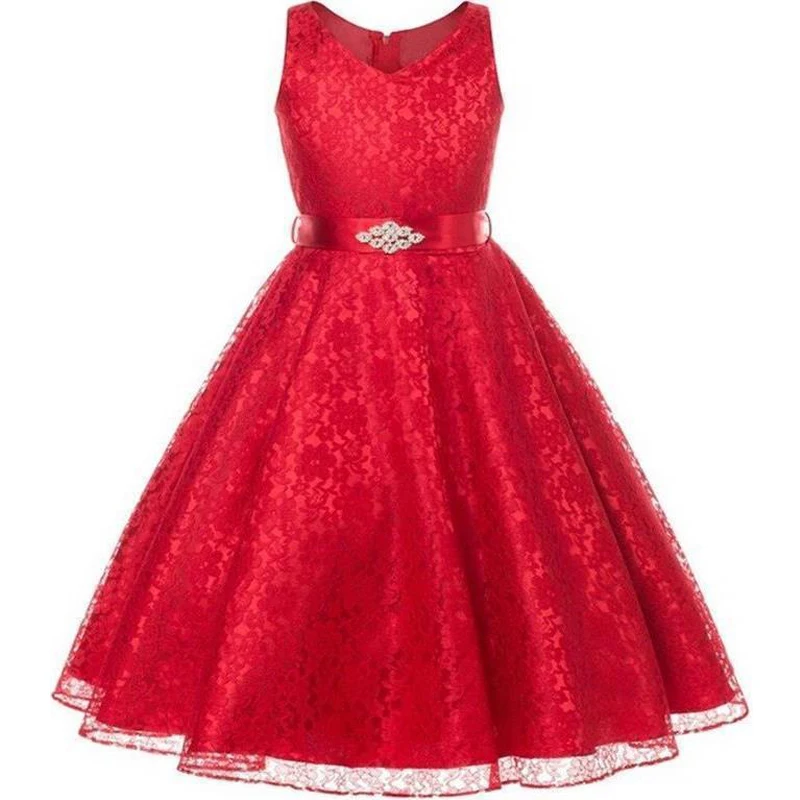 

2018 Girls Floral Lace Dress Wedding Events Flower Girl Clothes Fashion V-neck Sleeveless Ball Gowns High Waist Dress for 6-12 Y
