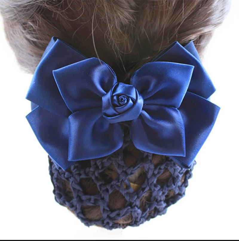 

Fashion Office Lady Bow Tie Flower Barrette Cross Hair Clip Cover Bowknot Net Bun Deep Snood for Long Hair for Women